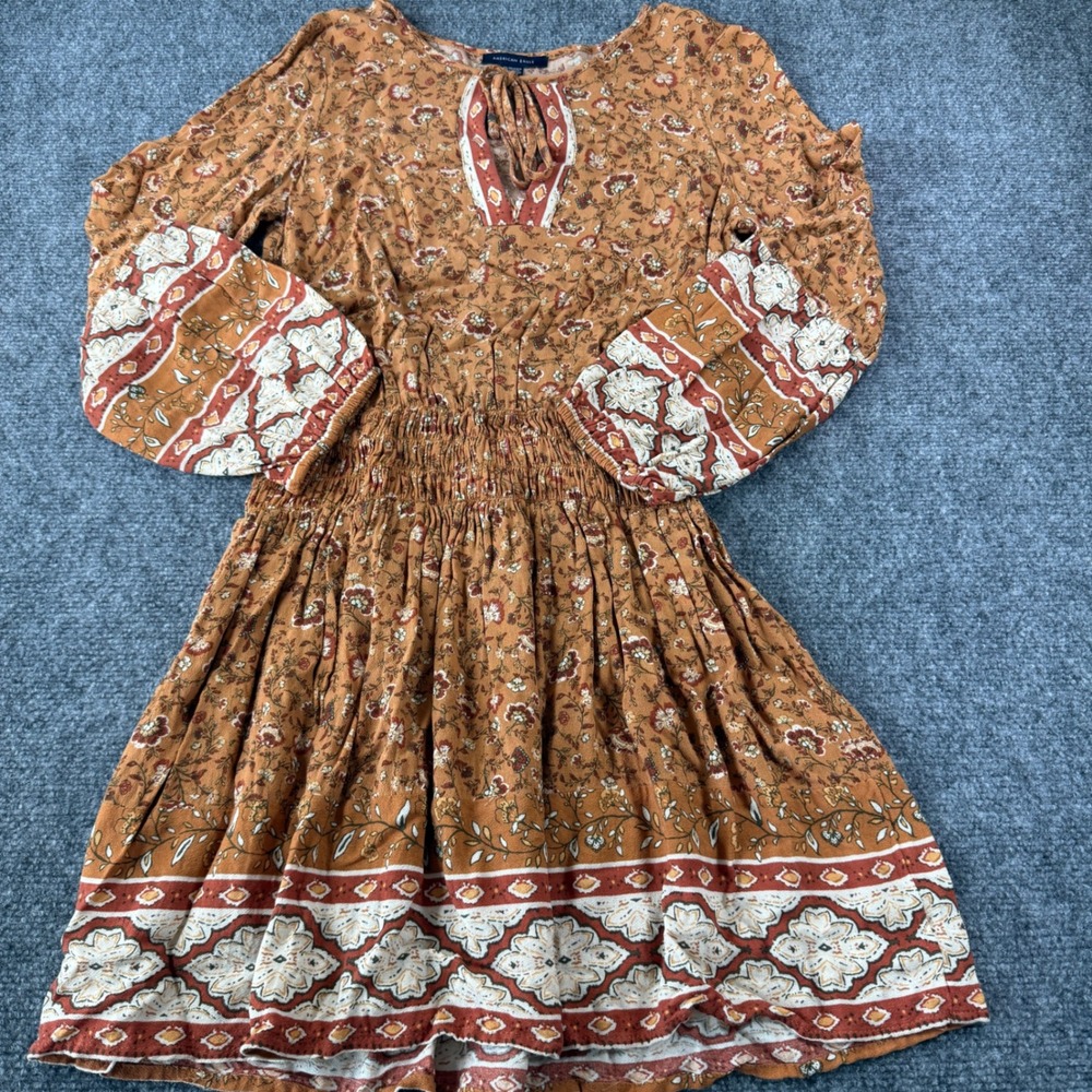 American Eagle Mini Dress Floral Smocked Waist Long Sleeve XS Cottagecore